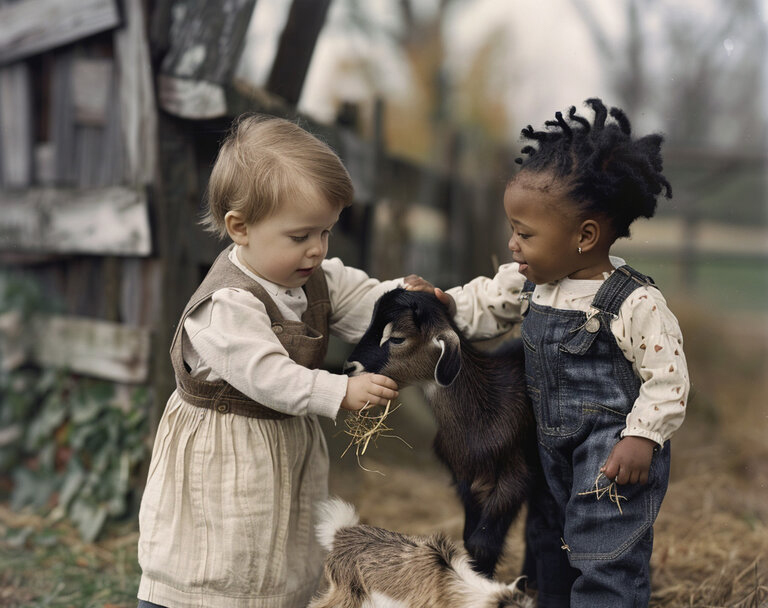 preschoolers petting goats